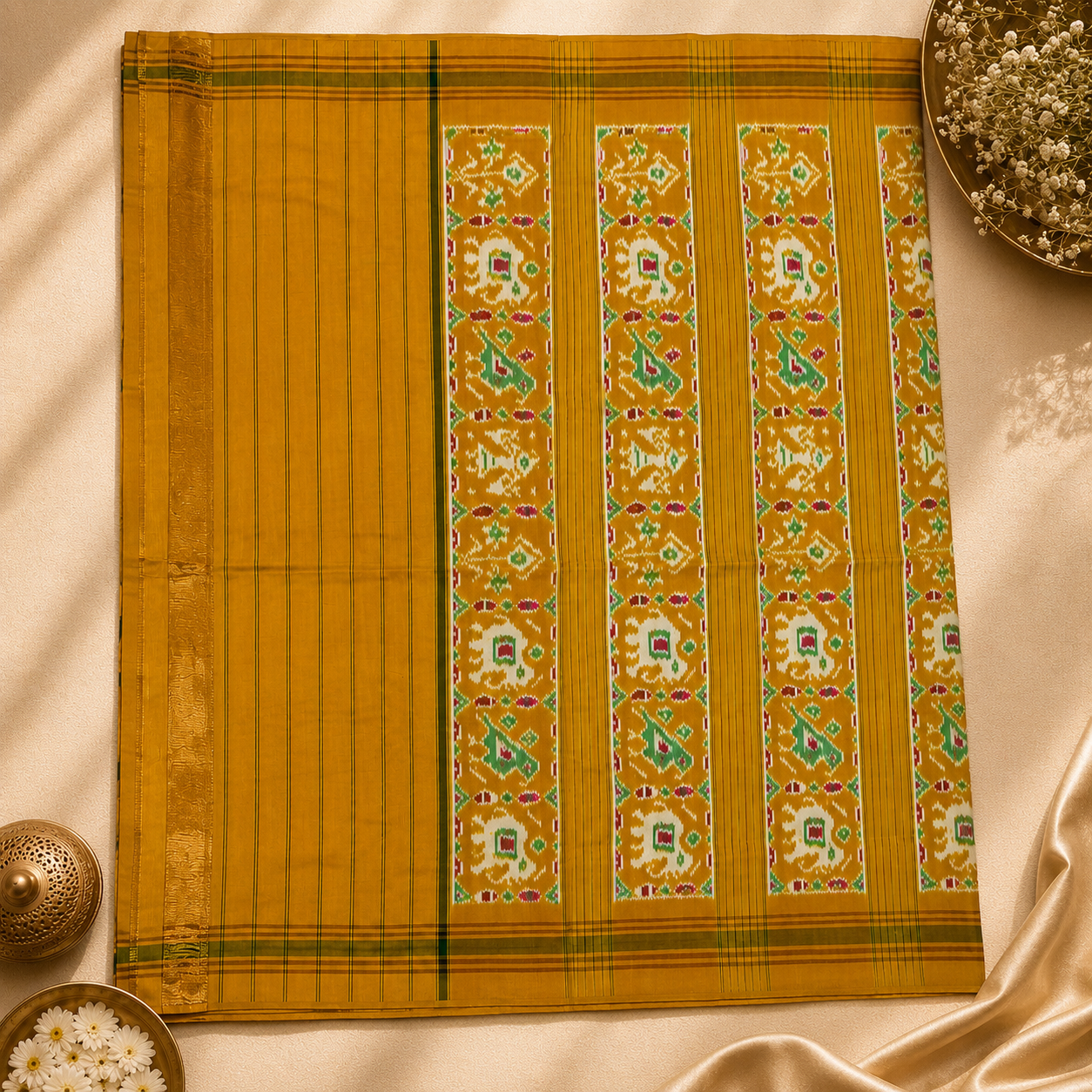 Heritage Mustard Pure Pochampally Silk Saree – Mustard Yellow with Traditional Floral & Bird Ikat Art