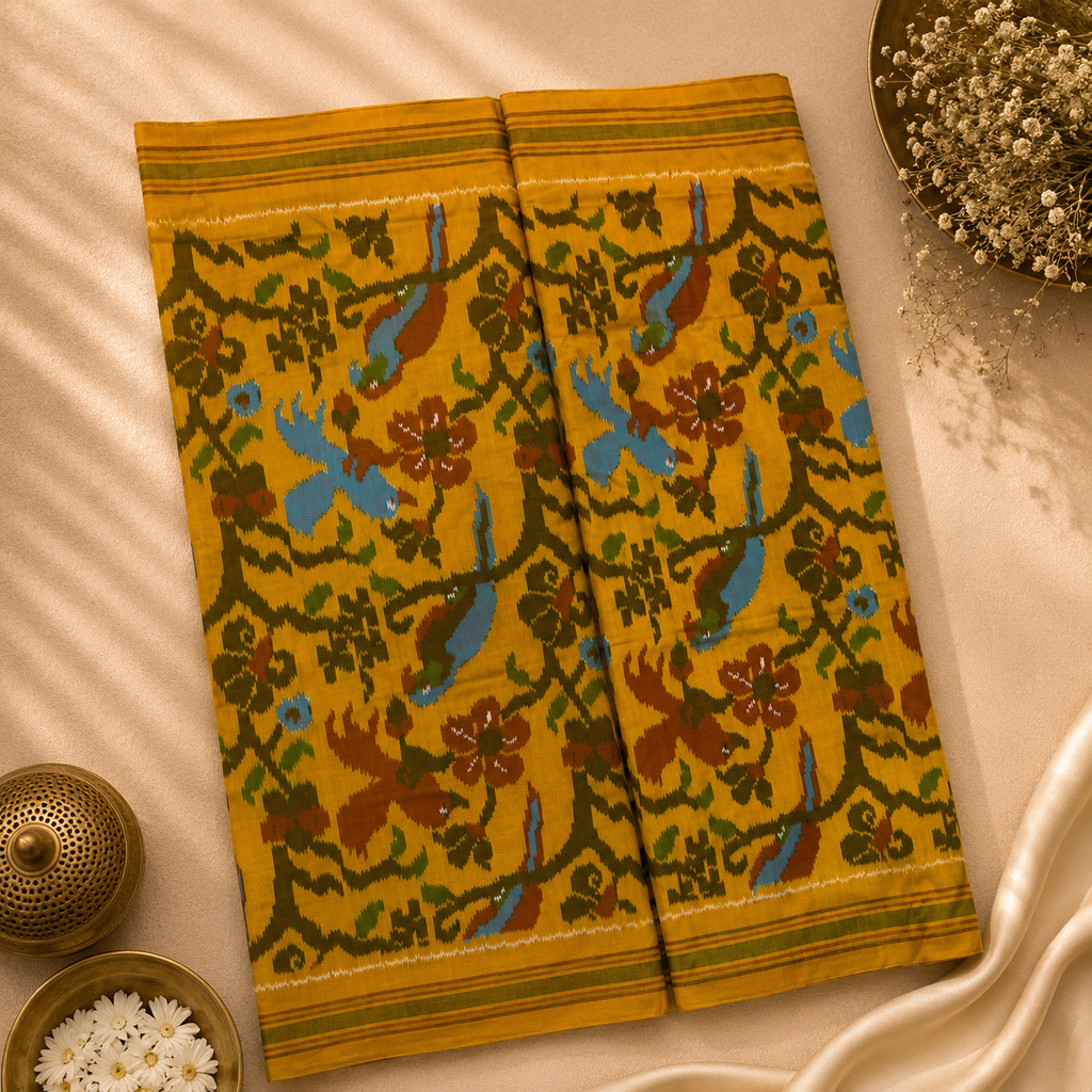 Heritage Mustard Pure Pochampally Silk Saree – Mustard Yellow with Traditional Floral & Bird Ikat Art