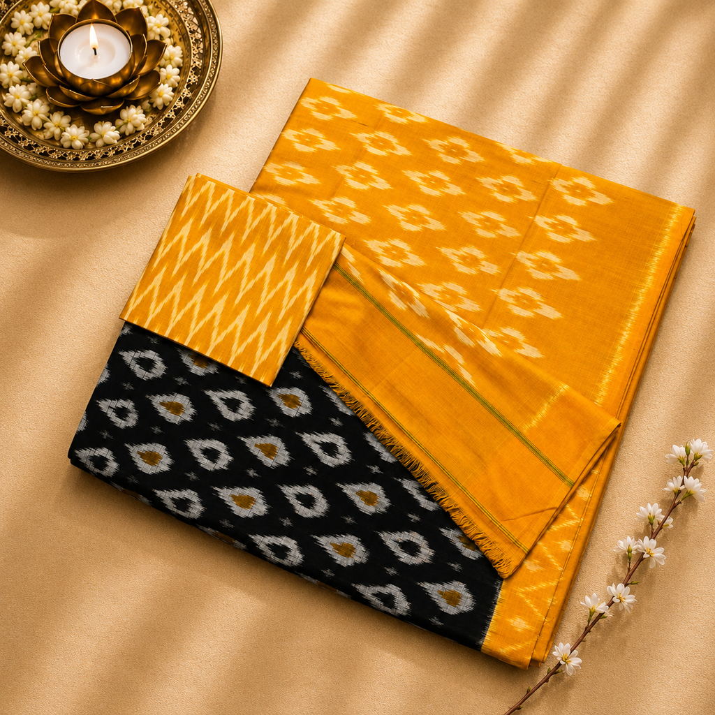 Pochampally Ikat Cotton Saree – Mustard Yellow & Black Handwoven Elegance
