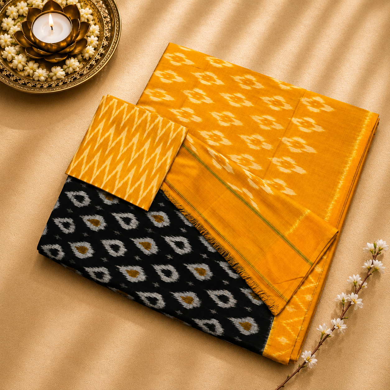 Pochampally Ikat Cotton Saree – Mustard Yellow & Black Handwoven Elegance