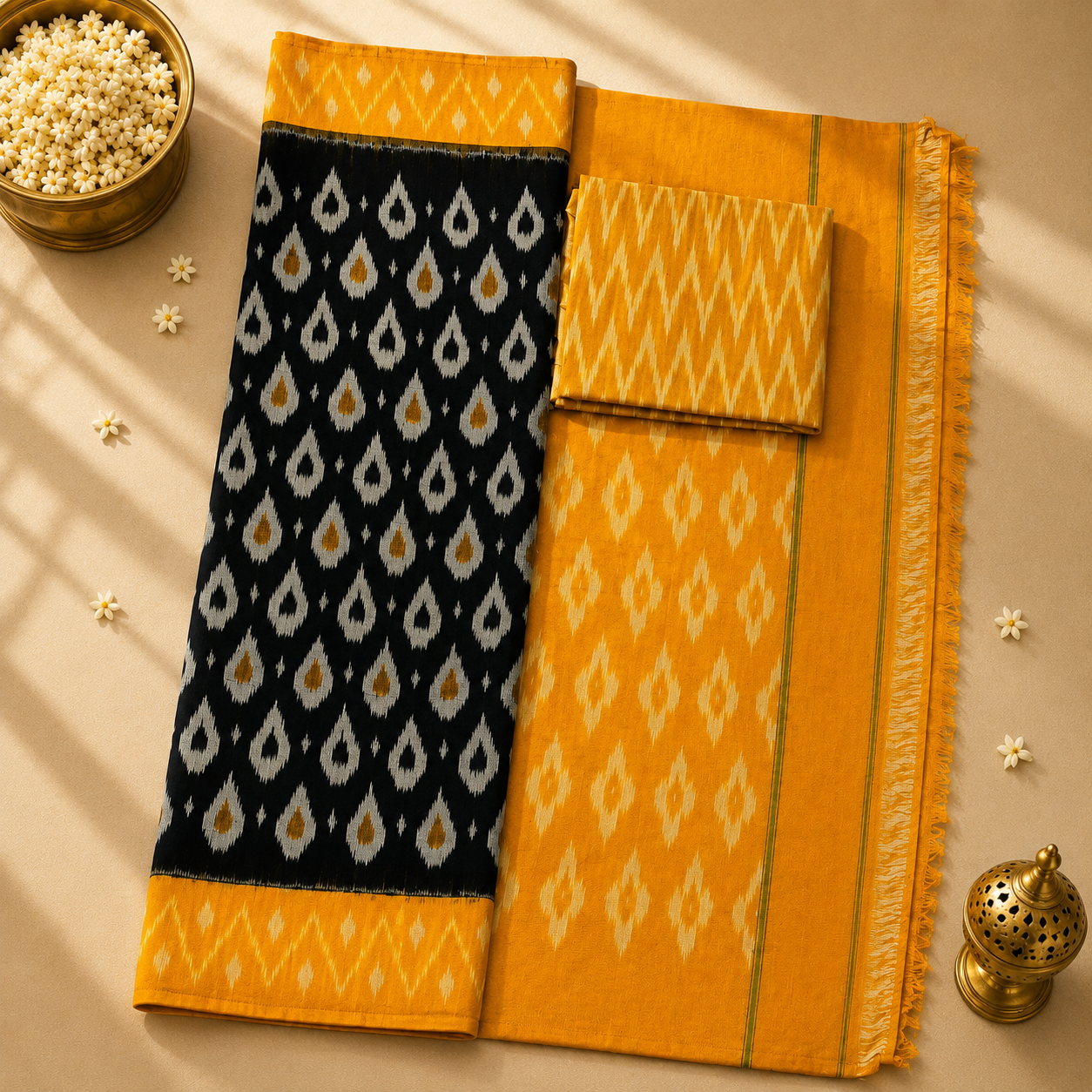 Pochampally Ikat Cotton Saree – Mustard Yellow & Black Handwoven Elegance