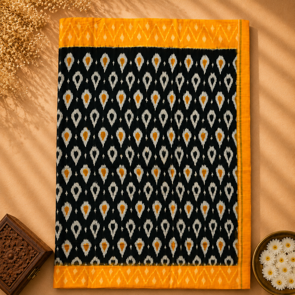 Pochampally Ikat Cotton Saree – Mustard Yellow & Black Handwoven Elegance