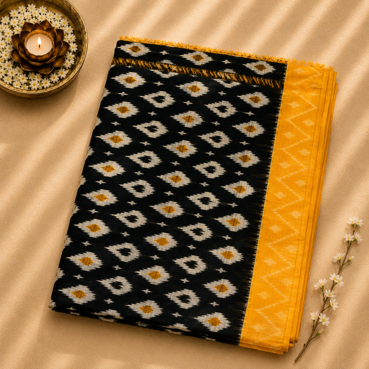 Pochampally Ikat Cotton Saree – Mustard Yellow & Black Handwoven Elegance
