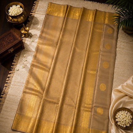 Muted Gold & Beige Handwoven Pure Silk Kanjivaram Tissue Saree