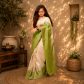 Muted Pista Handwoven Pure Kosa Silk Saree with Traditional Temple Borders