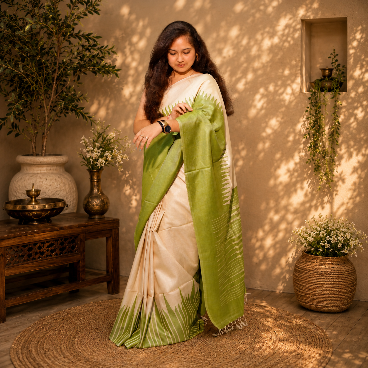 Muted Pista Handwoven Pure Kosa Silk Saree with Traditional Temple Borders
