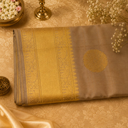 Muted Gold & Beige Handwoven Pure Silk Kanjivaram Tissue Saree