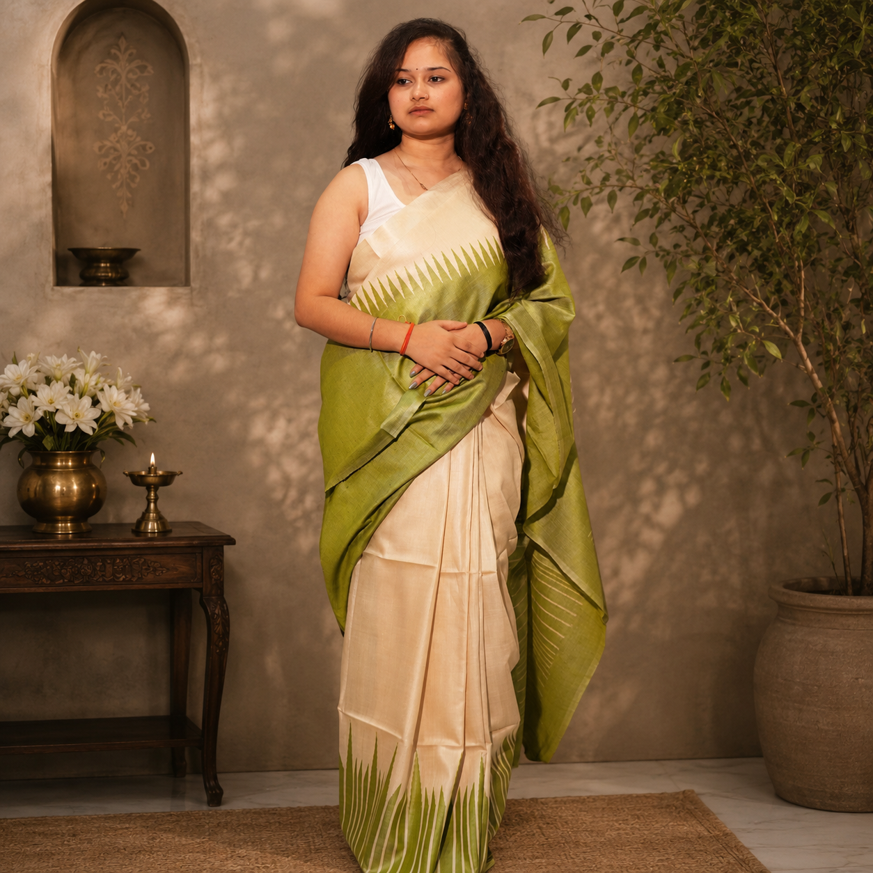 Muted Pista Handwoven Pure Kosa Silk Saree with Traditional Temple Borders