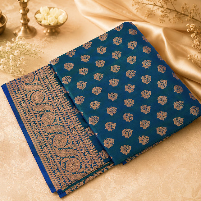 Kanchi Pearl Handwoven Pure Silk Kanjivaram Saree in Sea Green & Peacock Blue