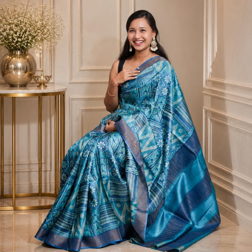 Ocean Mosaic Handwoven Pure Kosa Silk Saree with Geometric Ikat Patterns