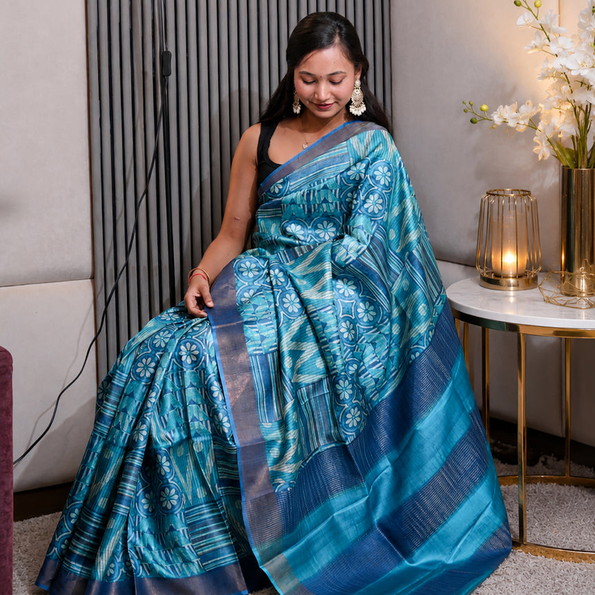 Ocean Mosaic Handwoven Pure Kosa Silk Saree with Geometric Ikat Patterns