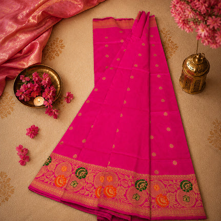 Pallavi Magenta Handwoven Pure Banarasi Silk Saree with Meenakari Floral Border