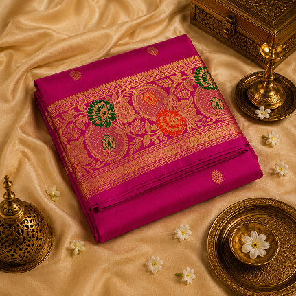 Pallavi Magenta Handwoven Pure Banarasi Silk Saree with Meenakari Floral Border