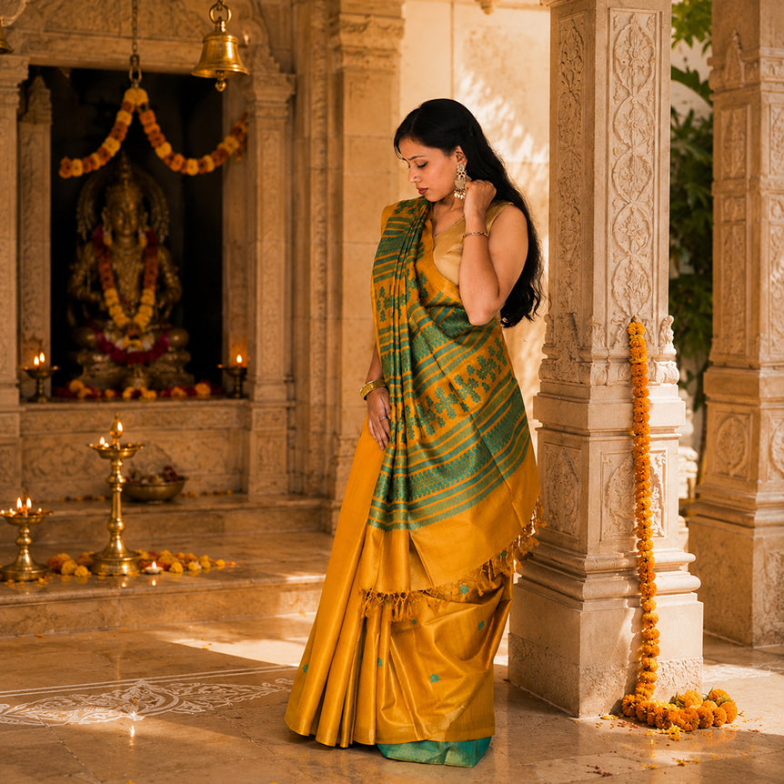 Pitambari Pure Tassar Silk Saree with Teal Woven Motifs & Traditional Pallu