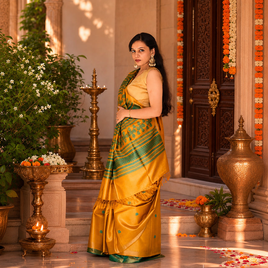 Pitambari Pure Tassar Silk Saree with Teal Woven Motifs & Traditional Pallu