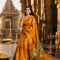 Pithambari Handwoven Pure Kosa Silk Saree in Mustard & Forest Green