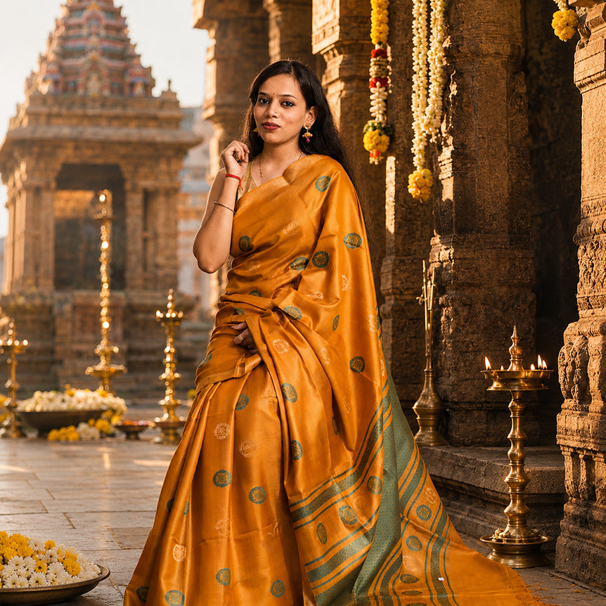 Pithambari Handwoven Pure Kosa Silk Saree in Mustard & Forest Green
