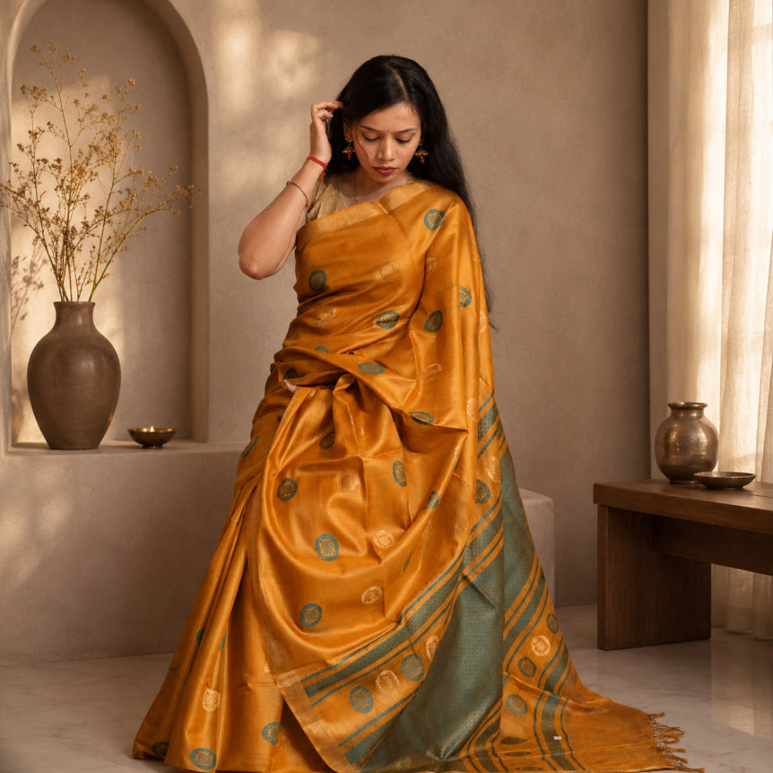 Pithambari Handwoven Pure Kosa Silk Saree in Mustard & Forest Green