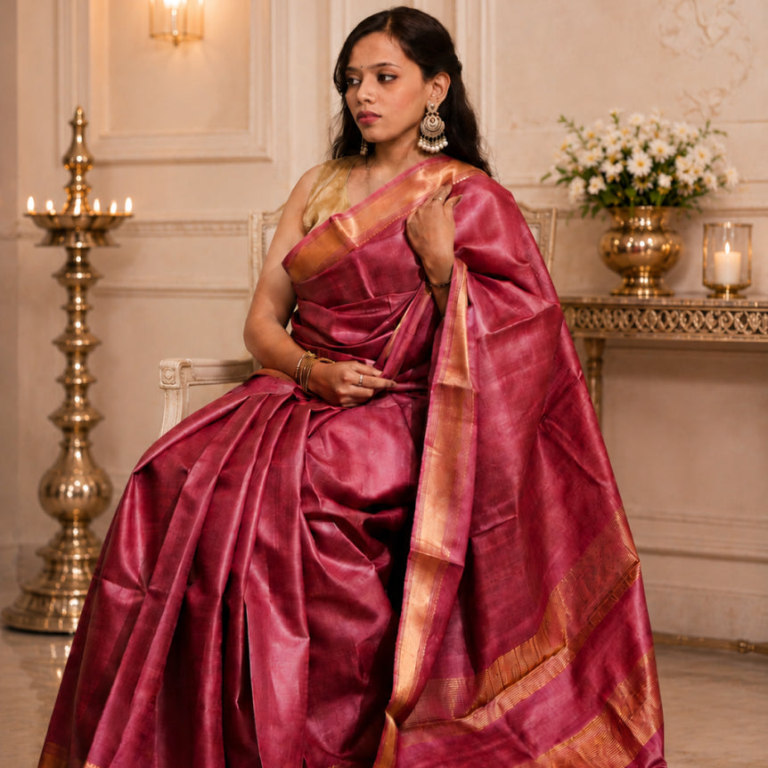 Pyasi Jali Handwoven Pure Kosa Silk Saree in Onion Pink