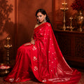 Rajkumari Crimson Red Handwoven Banarasi Silk Saree with Floral Butis