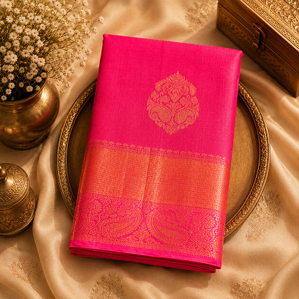 Rani Pink Handwoven Pure Silk Kanjivaram Saree with Orange-Gold Zari Border