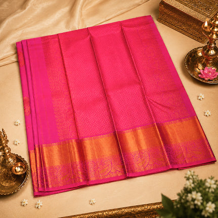 Rani Pink Handwoven Pure Silk Kanjivaram Saree with Orange-Gold Zari Border