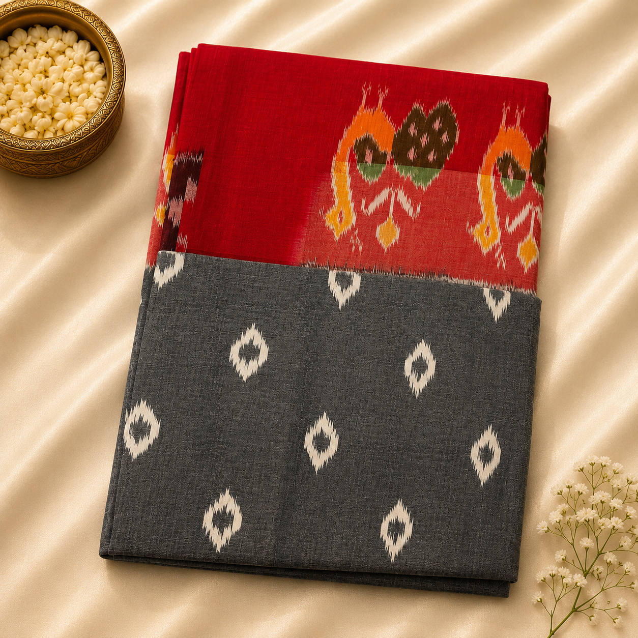 Pochampally Ikkat Cotton Saree – Red & Charcoal Grey Handwoven Elegance