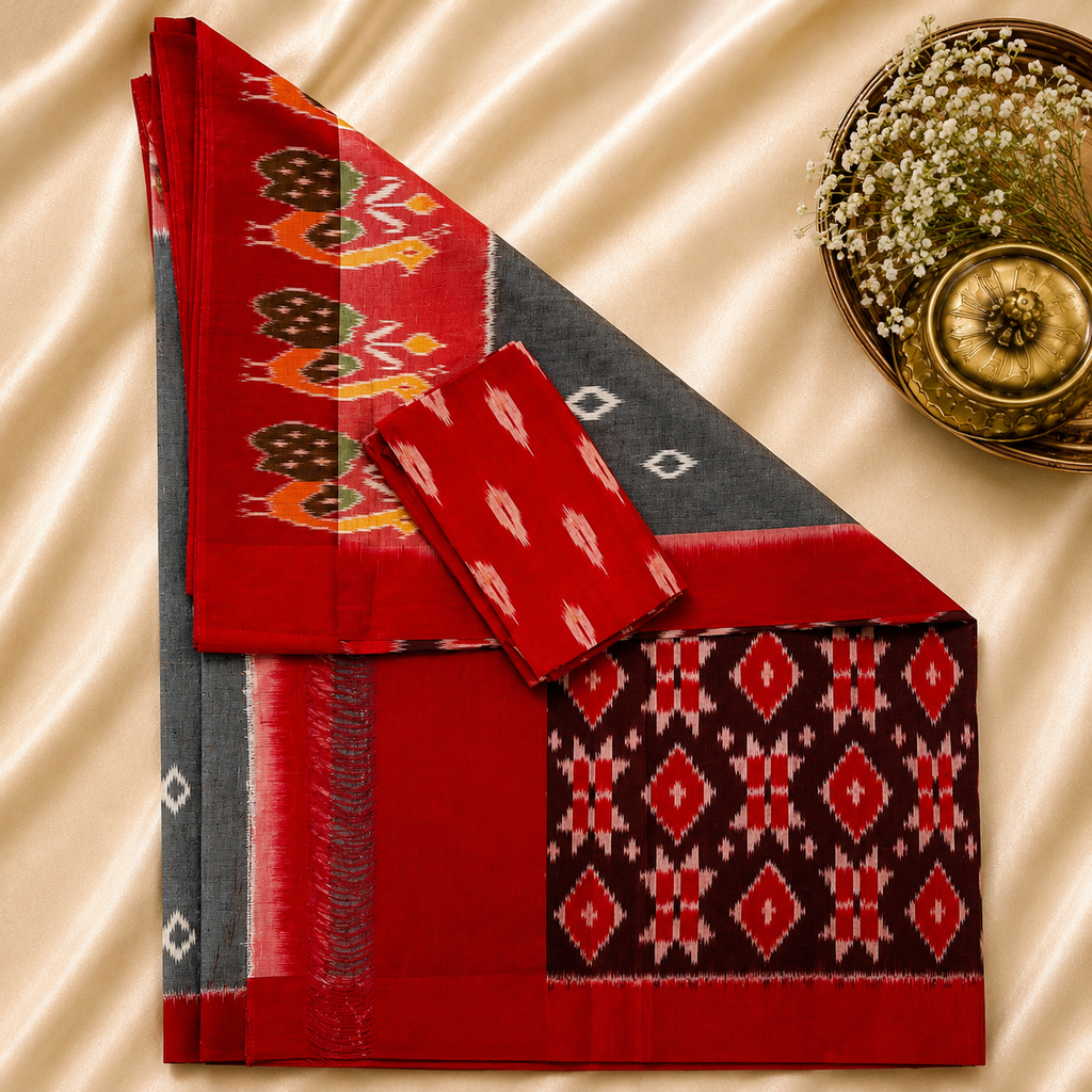 Pochampally Ikkat Cotton Saree – Red & Charcoal Grey Handwoven Elegance