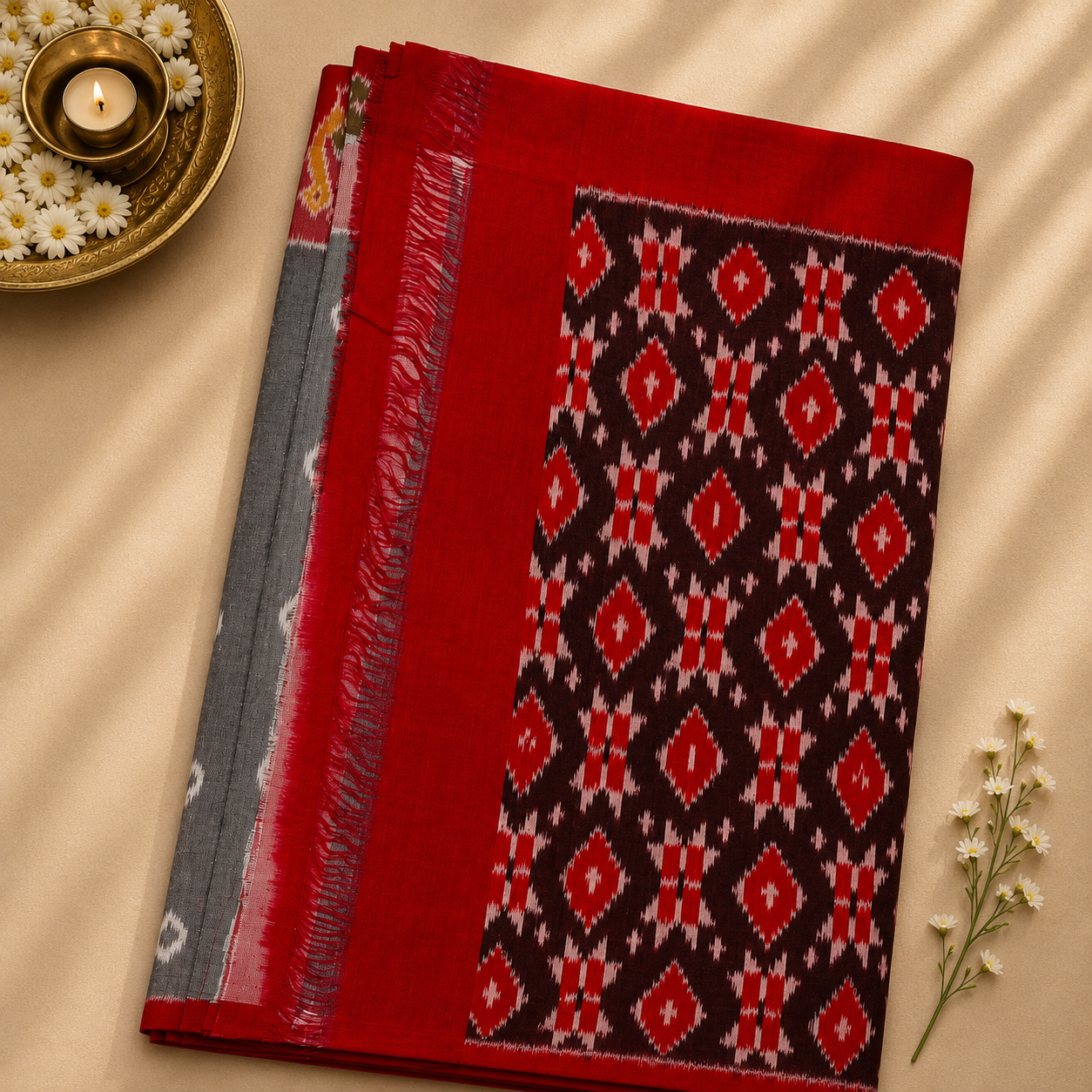 Pochampally Ikkat Cotton Saree – Red & Charcoal Grey Handwoven Elegance
