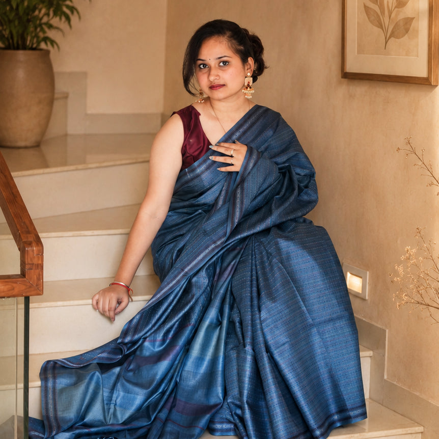 Rich Blue Kosa Doriya Handwoven Silk Saree with Subtle Stripe Weave & Tassel Pallu