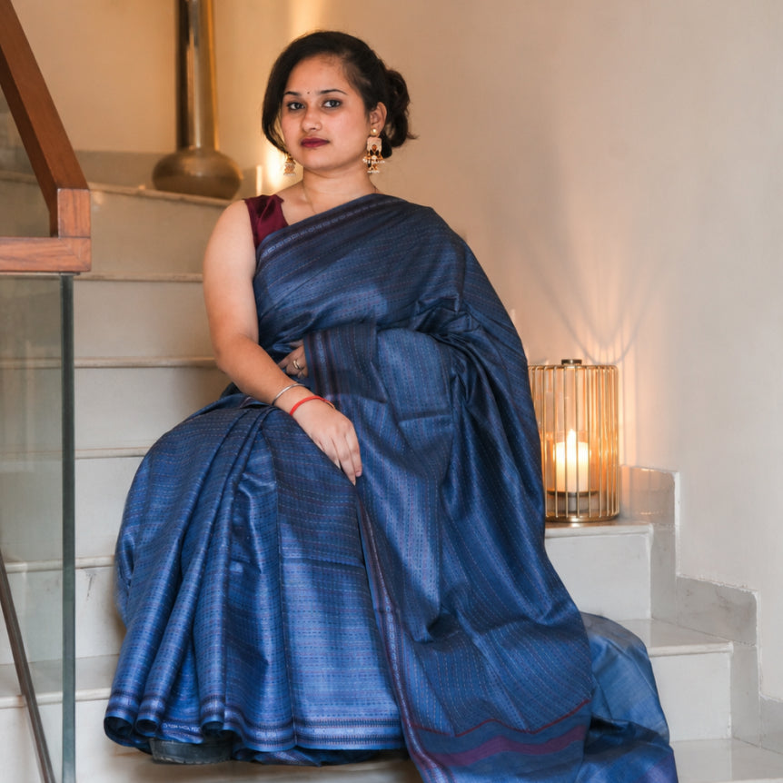 Rich Blue Kosa Doriya Handwoven Silk Saree with Subtle Stripe Weave & Tassel Pallu