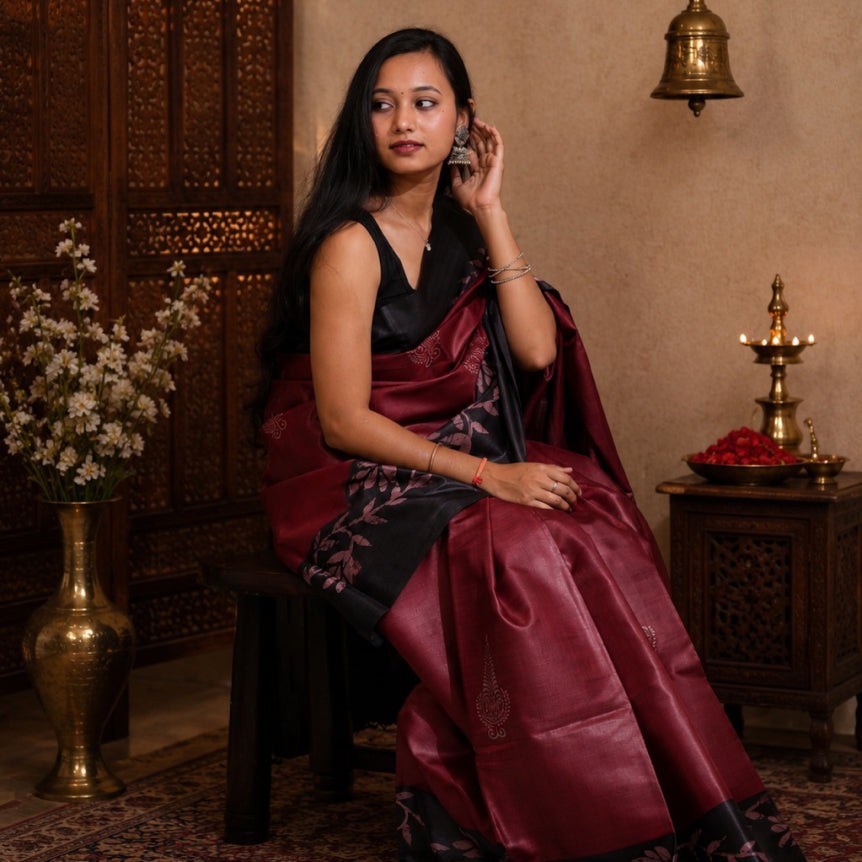 Crimson Noir Handwoven Kosa Silk Saree with Floral Border & Black Pallu