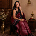 Crimson Noir Handwoven Kosa Silk Saree with Floral Border & Black Pallu