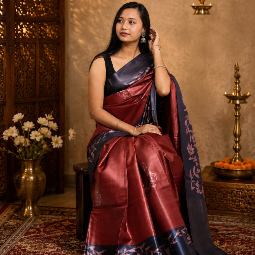 Crimson Noir Handwoven Kosa Silk Saree with Floral Border & Black Pallu