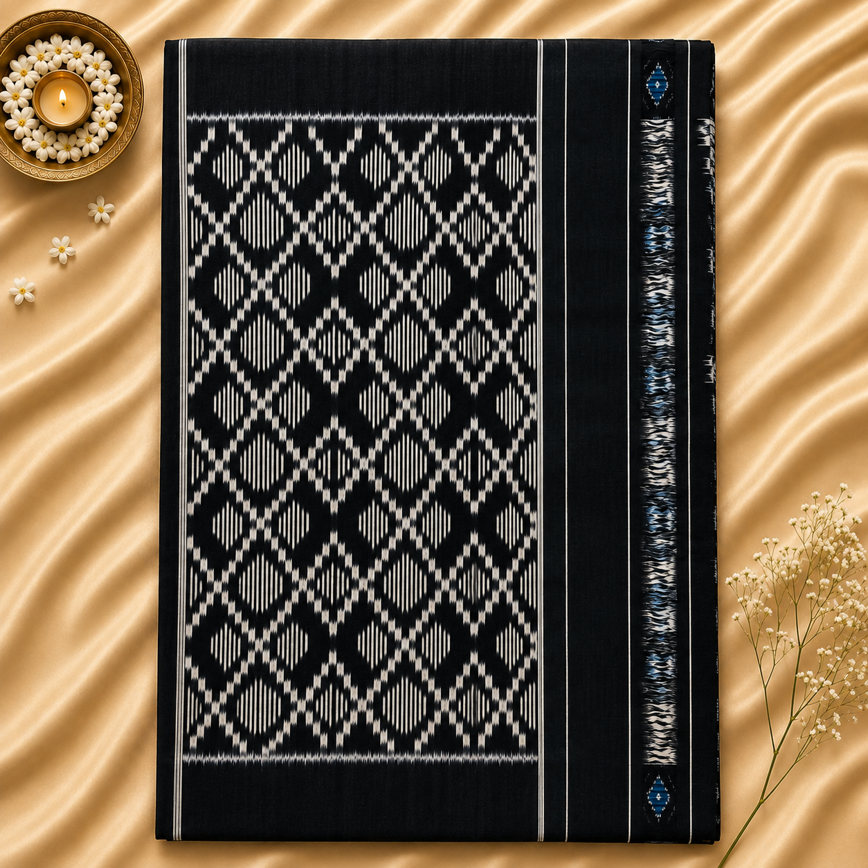 Slate Grey Pochampally Ikkat Cotton Saree – Grey with Indigo Blue & Black Contrast Border