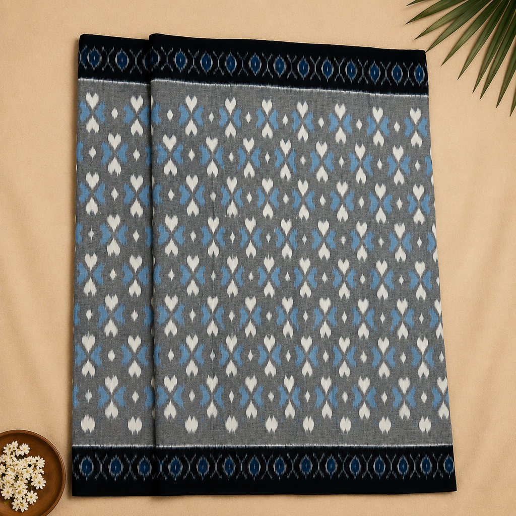 Slate Grey Pochampally Ikkat Cotton Saree – Grey with Indigo Blue & Black Contrast Border