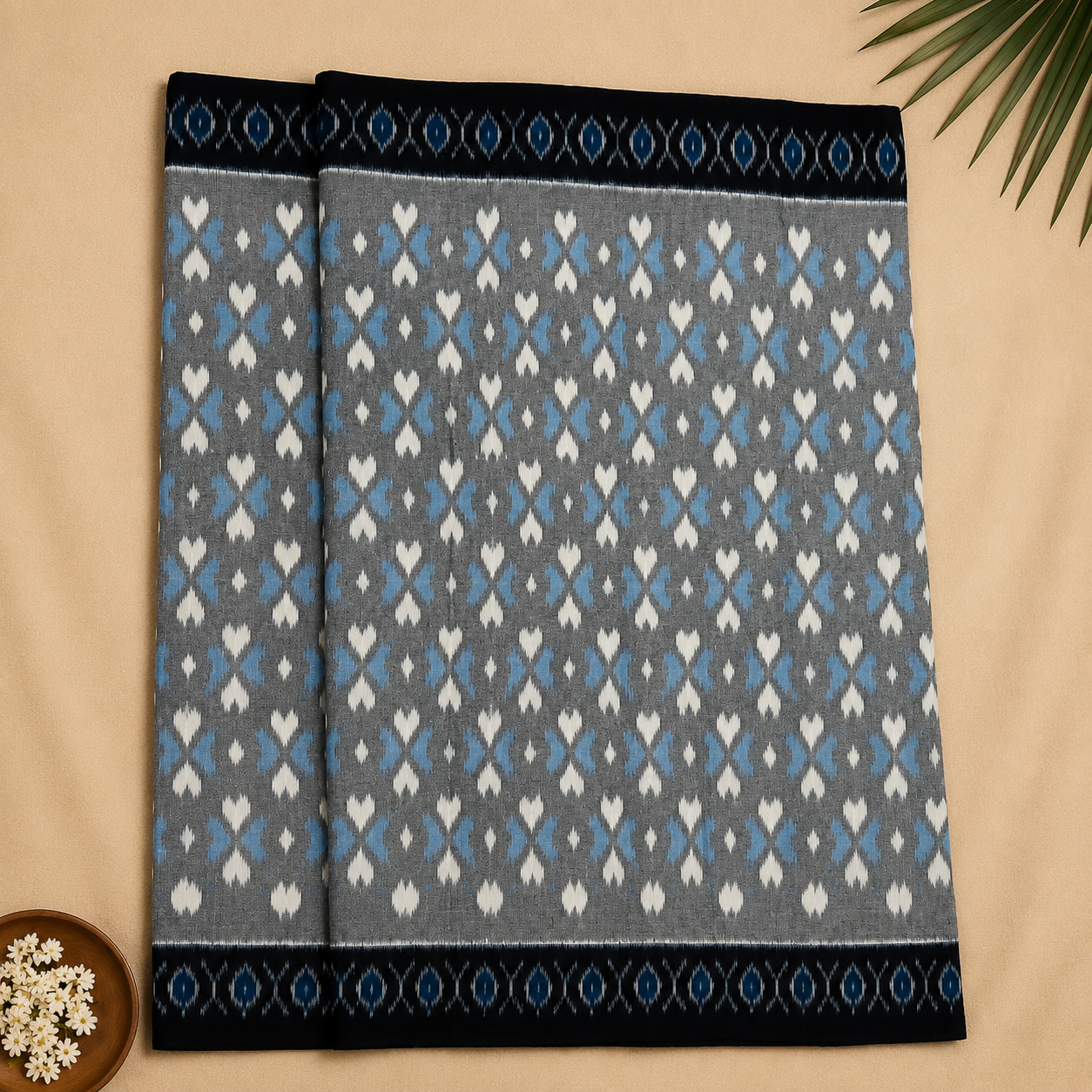 Slate Grey Pochampally Ikkat Cotton Saree – Grey with Indigo Blue & Black Contrast Border