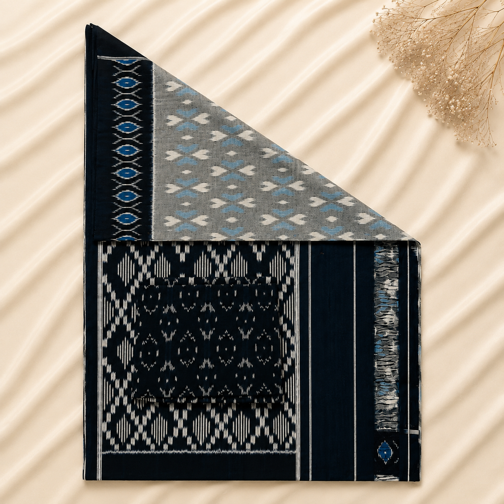 Slate Grey Pochampally Ikkat Cotton Saree – Grey with Indigo Blue & Black Contrast Border