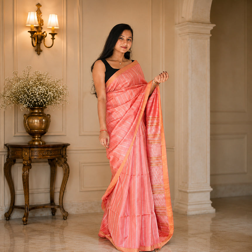 Soft Coral Pure Tassar Silk Saree with Woven Stripes & Heritage Pallu