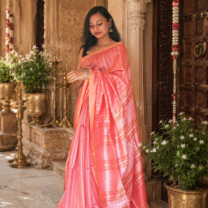 Soft Coral Pure Tassar Silk Saree with Woven Stripes & Heritage Pallu