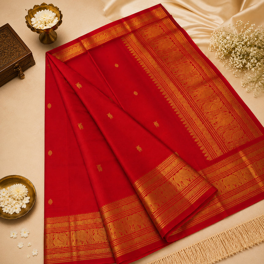 Suhag Red Pure Silk Handwoven Kanjivaram Saree with Traditional Mayil & Aanai Zari Motifs