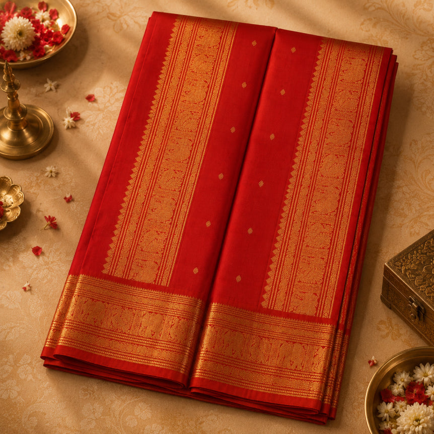 Suhag Red Pure Silk Handwoven Kanjivaram Saree with Traditional Mayil & Aanai Zari Motifs