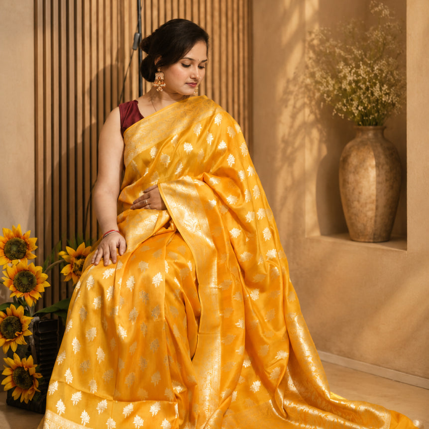 Swarna Booti Handwoven Pure Katan Silk Banarasi Saree in Sunflower Yellow