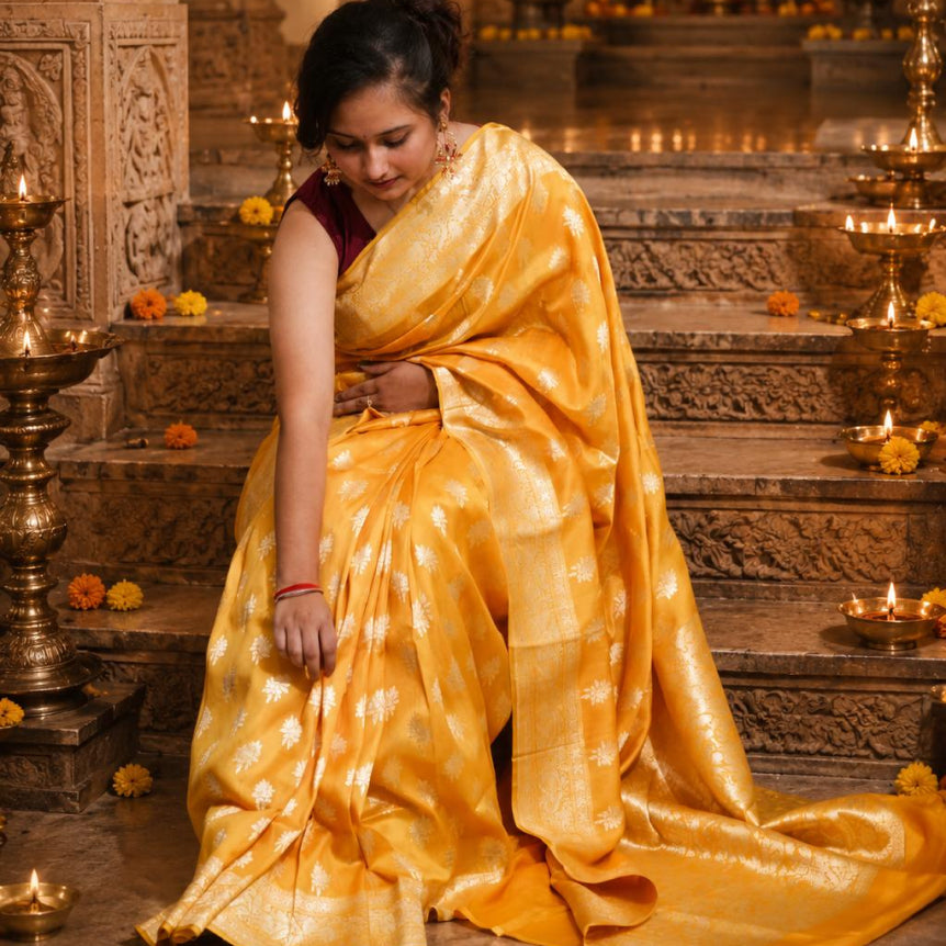 Swarna Booti Handwoven Pure Katan Silk Banarasi Saree in Sunflower Yellow