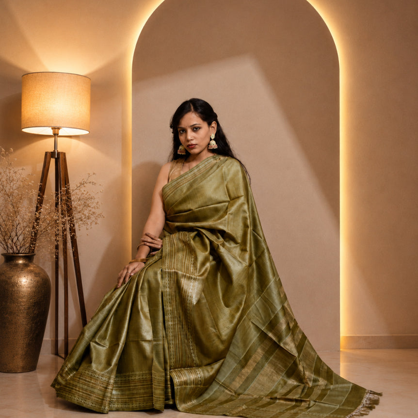 Vana Chandan Handwoven Pure Kosa Silk Saree in Olive Gold