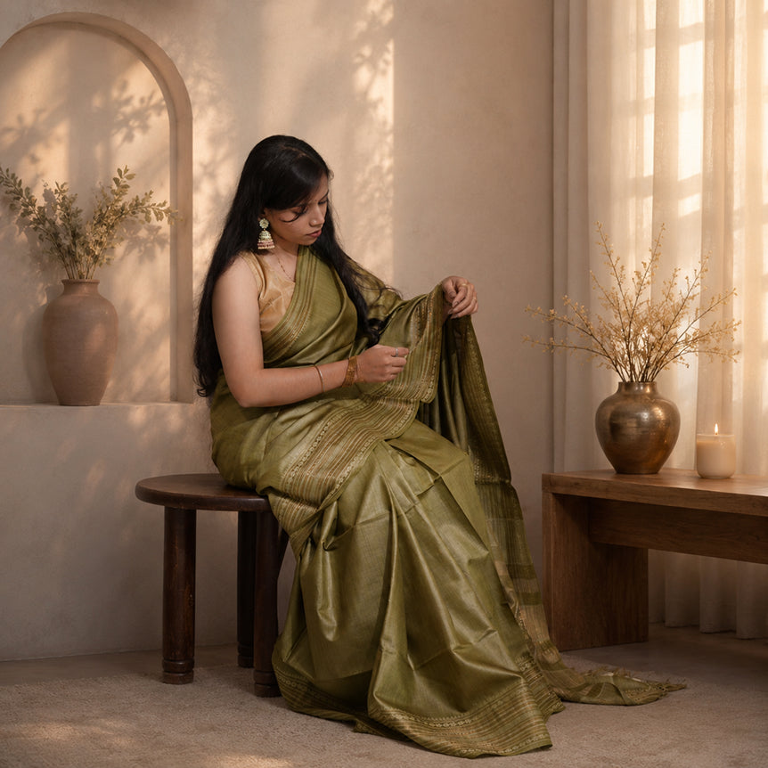 Vana Chandan Handwoven Pure Kosa Silk Saree in Olive Gold