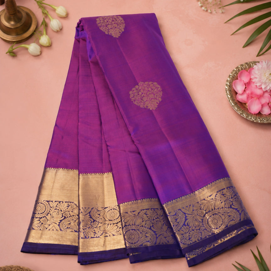 Violet Grace Pure Kanjivaram Silk Saree with Antique Gold Zari Buttas & Floral Border