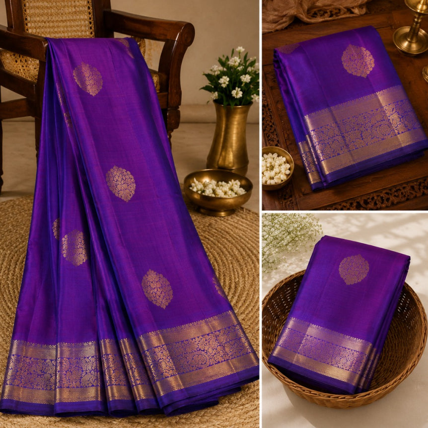 Violet Grace Pure Kanjivaram Silk Saree with Antique Gold Zari Buttas & Floral Border