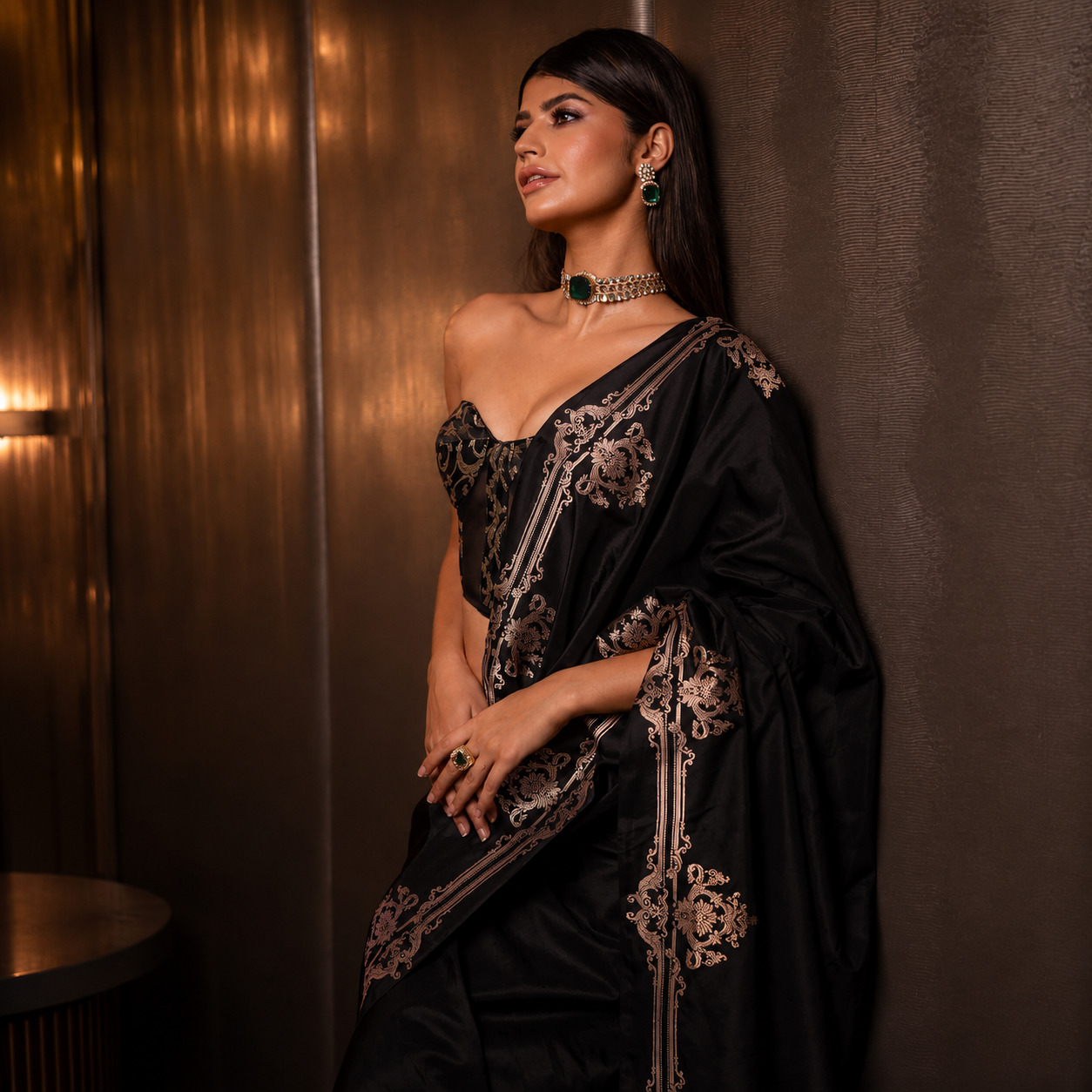 Noir Elegance Pure Banarasi Katan Silk Saree with Silver Zari Floral Border