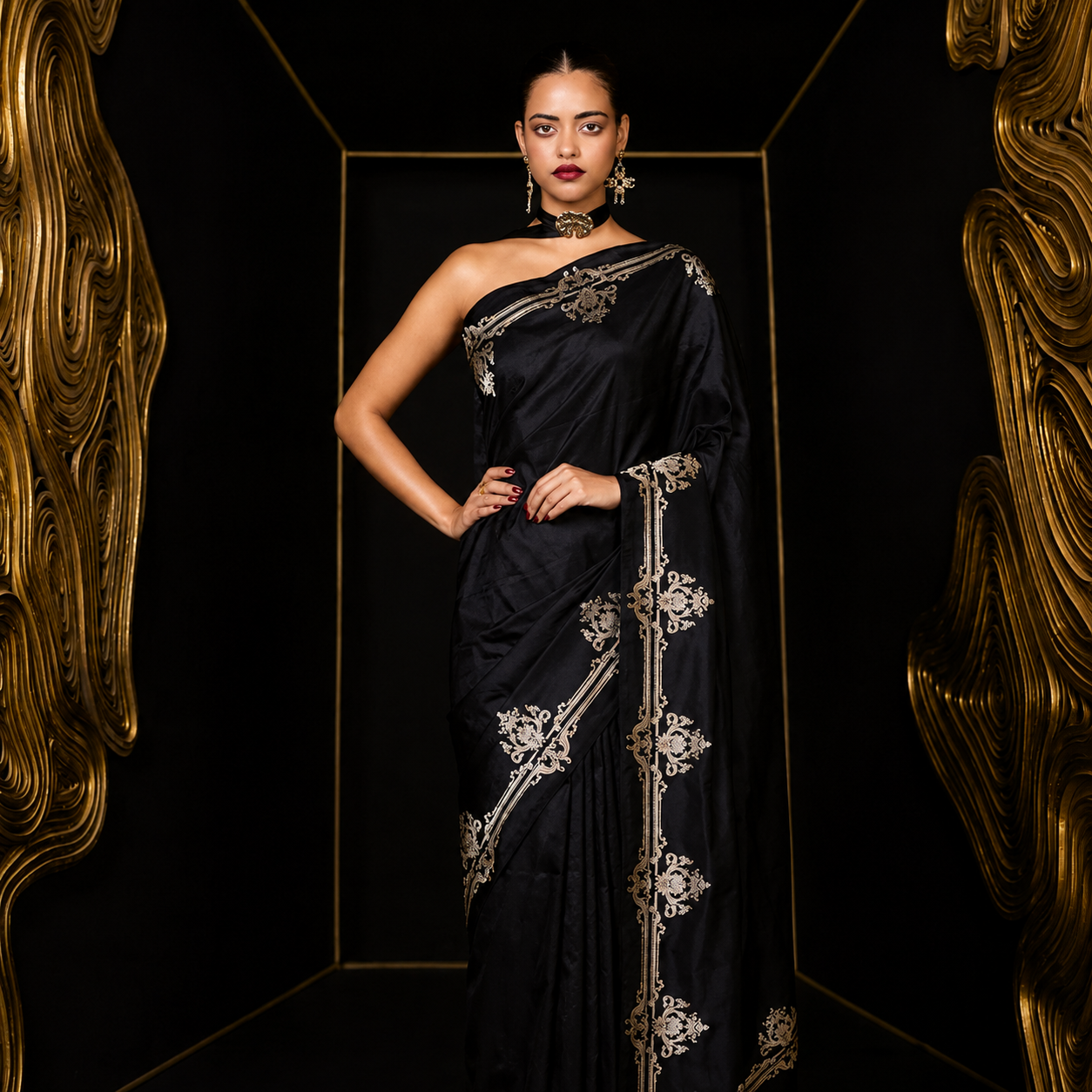 Noir Elegance Pure Banarasi Katan Silk Saree with Silver Zari Floral Border